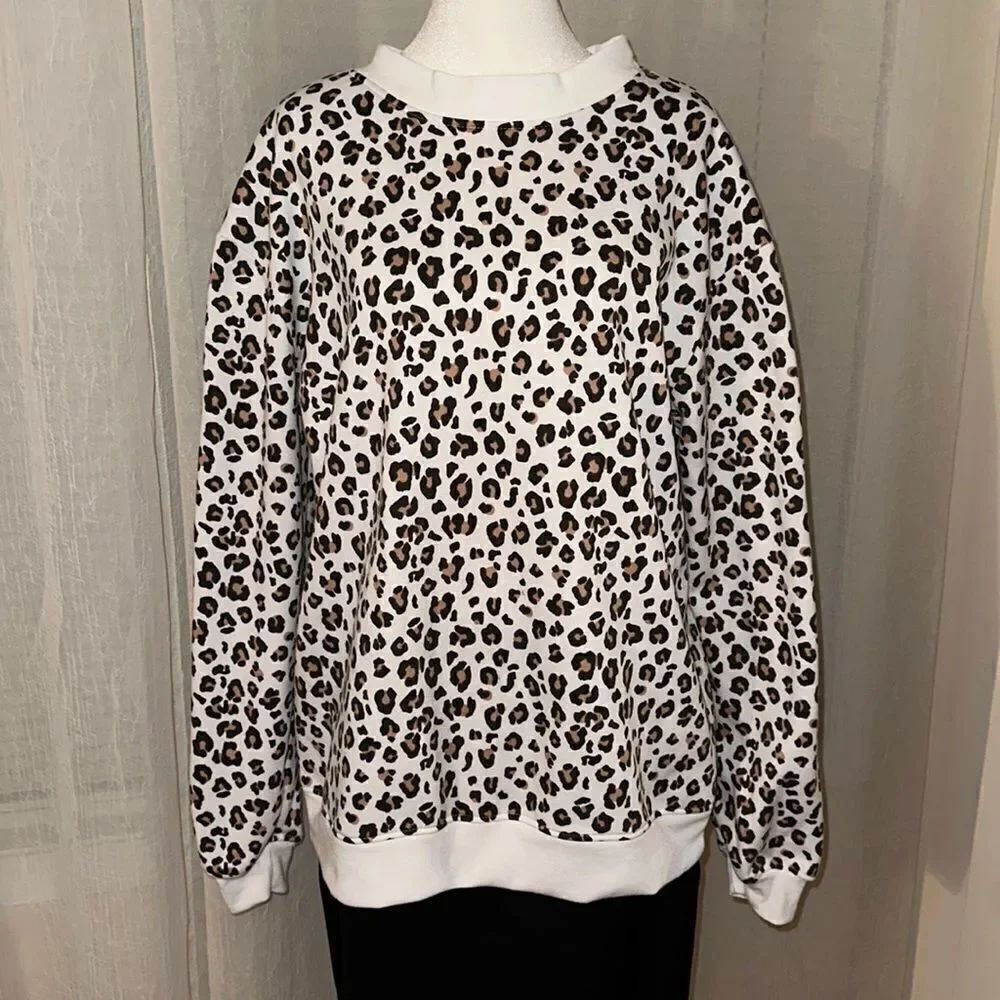 if it were me. L White Tan Black Leopard Animal Print Fleece Inner Crewneck Top